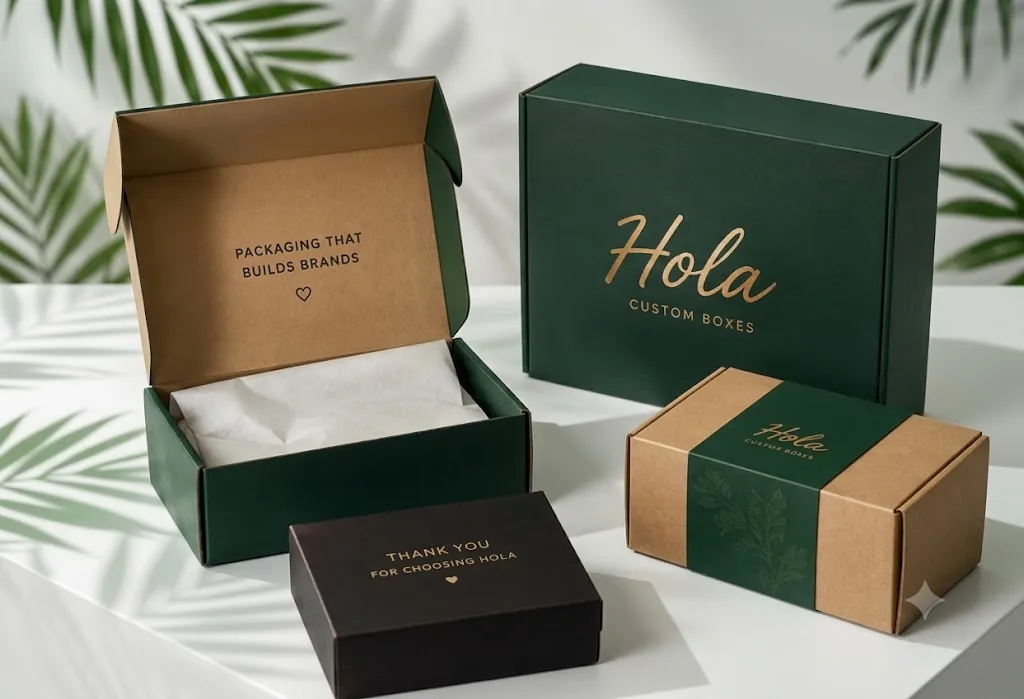 Hola Custom Boxes packaging: a green mailer box printed inside, a green box with a gold logo, a kraft box with a green sleeve and a black thank you box
