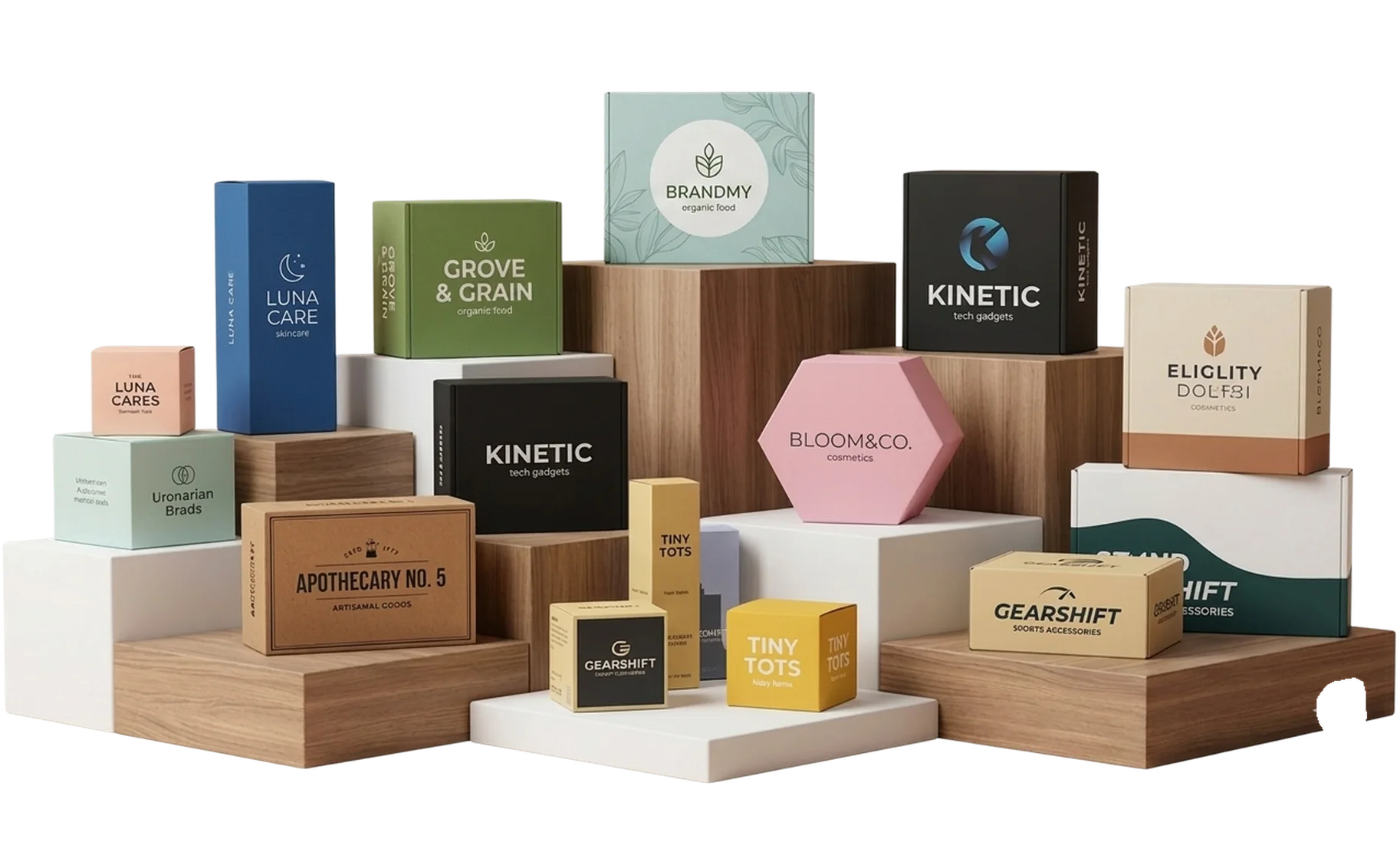 A group of custom printed boxes in different sizes and finishes