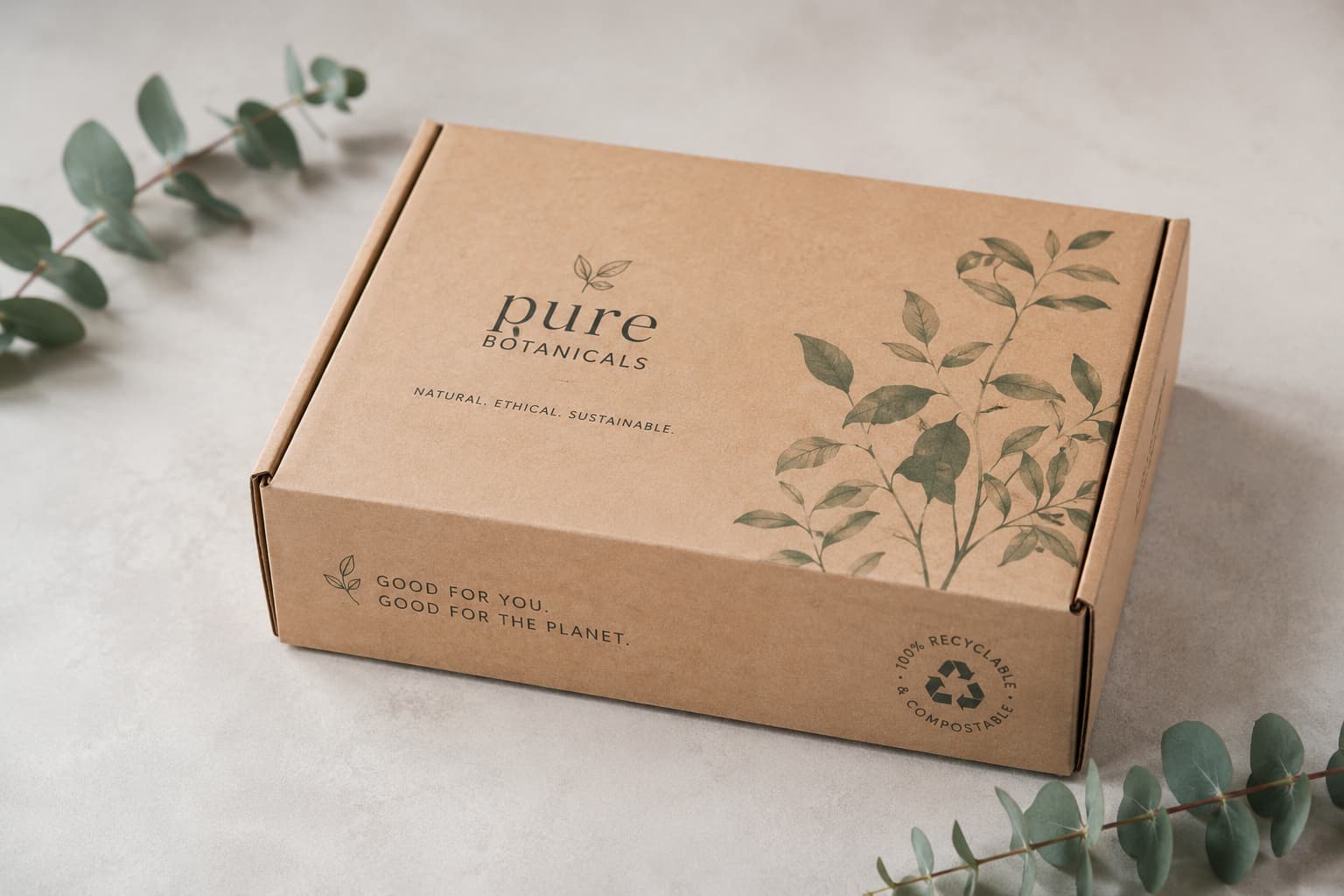 Eco-friendly kraft cardboard packaging box with botanical design and recyclable paper texture.