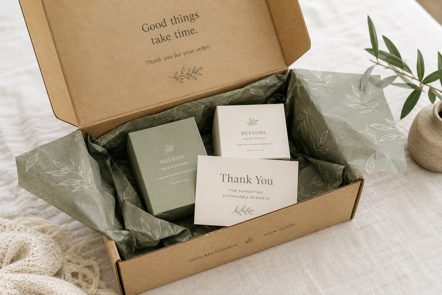 Eco-friendly unboxing mailer box with recycled paper, green tissue wrap, and thank-you card.