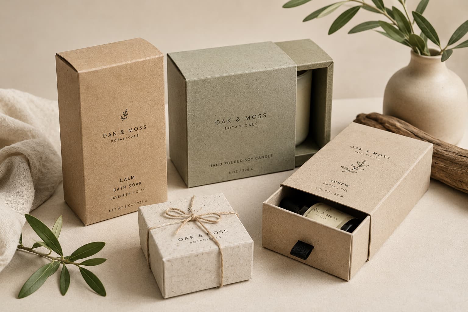 Natural skincare product boxes in recycled kraft paper with soft botanical artwork.